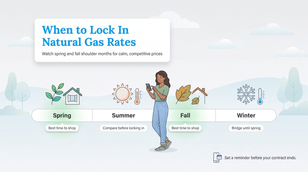 Infographic displaying seasonal recommendations for locking in natural gas utility rates.