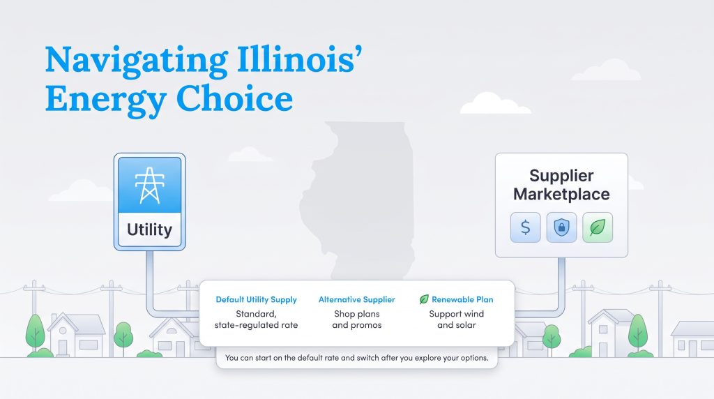 Diagram showing Illinois energy options of default utility supply versus alternative suppliers