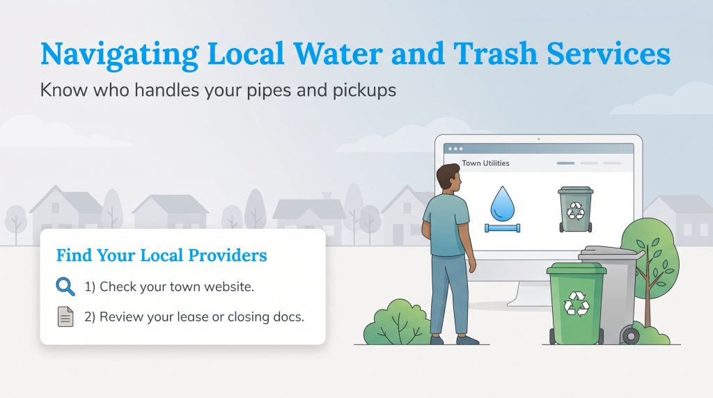 An illustration of a man checking a computer screen for local water and trash utilities