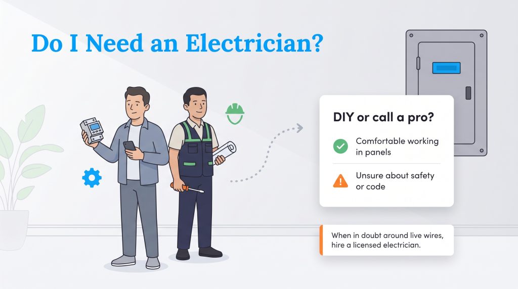 Graphic showing a DIYer and electrician next to a checklist for installing an energy monitor