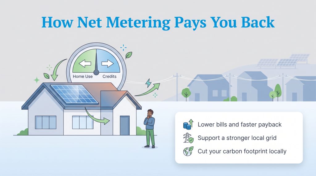 Diagram showing how solar panels on a house feed energy back to the grid for utility credits