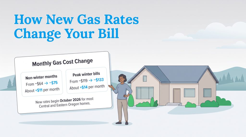 Chart showing monthly gas bill increases in Oregon for non-winter and peak winter months.