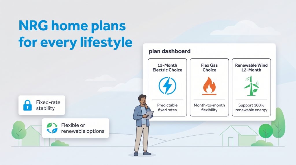 Graphic showing NRG home energy plans like Electric Choice, Flex Gas, and Renewable Wind