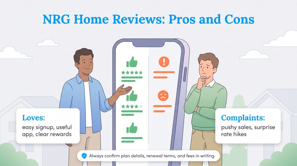 Illustration comparing NRG Home reviews highlighting pros and cons of the service
