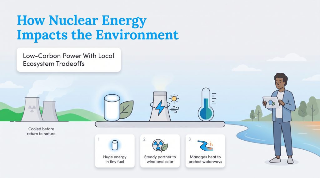 Infographic illustrating the environmental benefits and thermal management of nuclear energy.