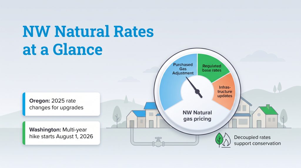 Infographic of NW Natural gas pricing components and regional rate changes