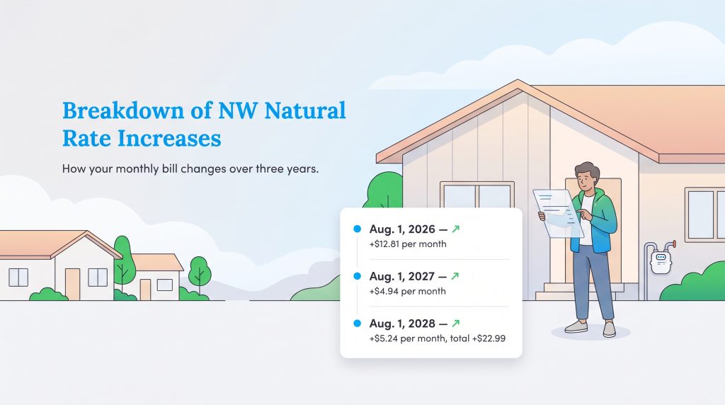Infographic detailing the three-year NW Natural monthly bill rate increases.