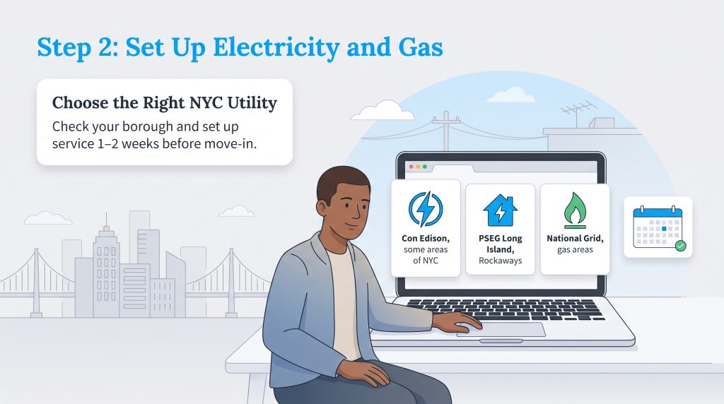 Man using a laptop to select NYC utility providers Con Edison, PSEG, and National Grid.