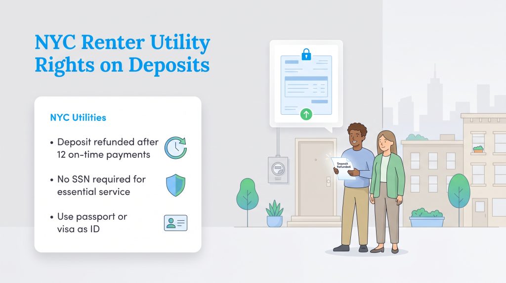 Infographic outlining NYC utility deposit refund rules and ID requirements for renters.