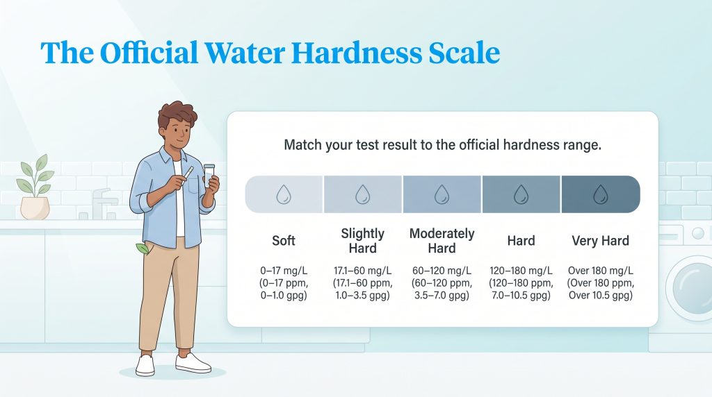 Water hardness scale chart showing five classifications from soft to very hard.
