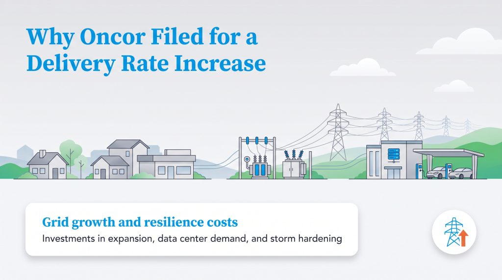 Illustration of homes, power lines, and businesses detailing Oncor grid investment needs.