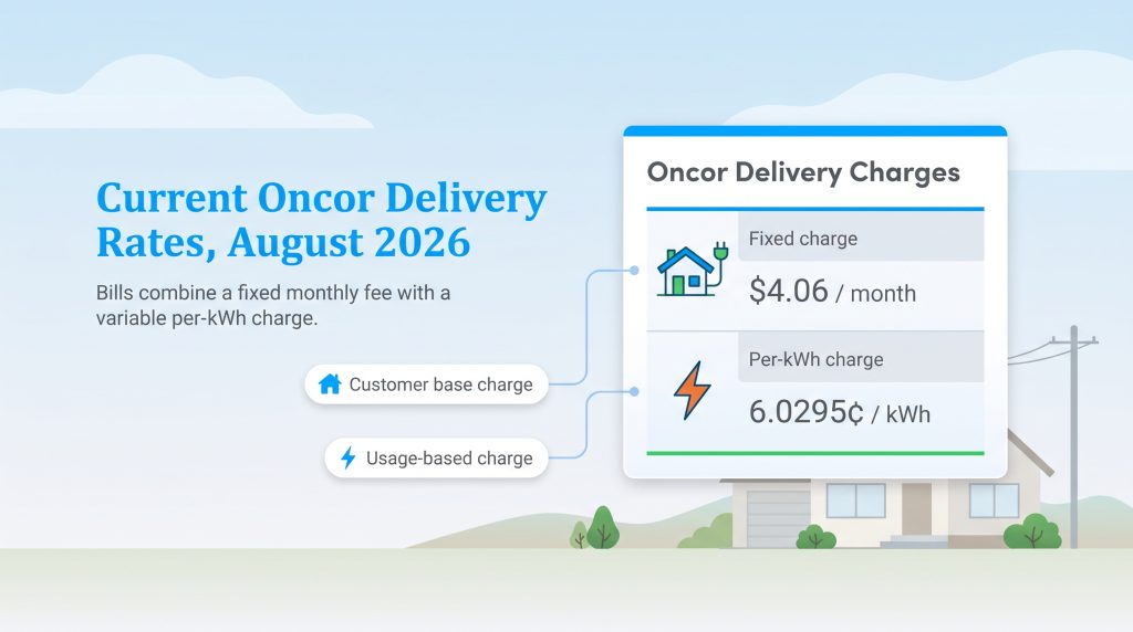 Oncor delivery charges in August 2026: a 4.06 dollar fixed charge and 6.0295 cents per kWh