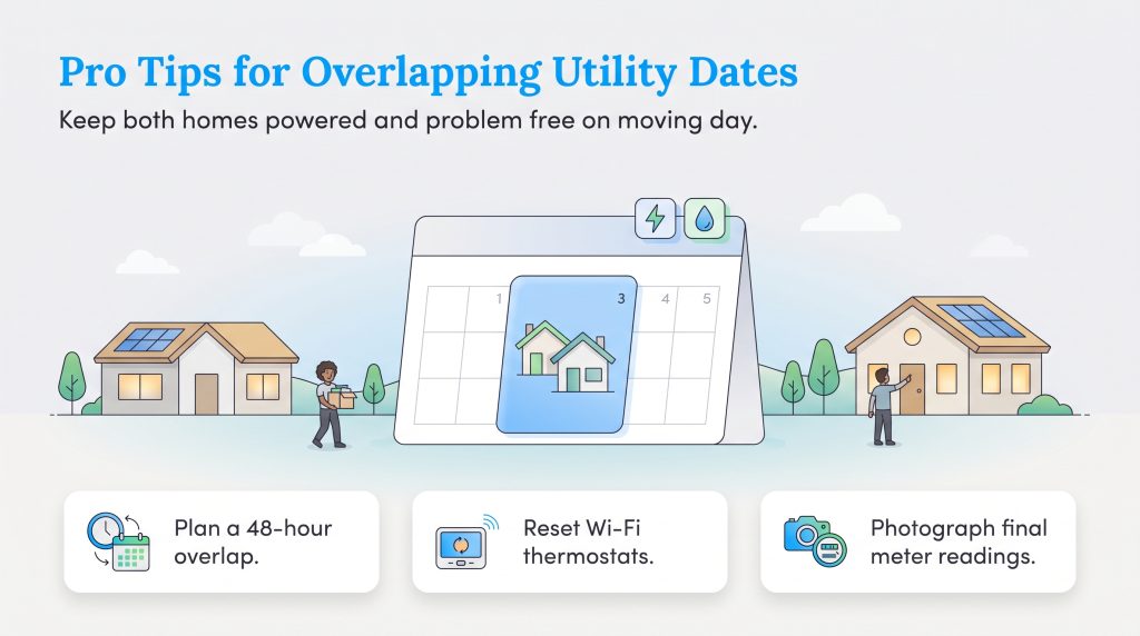 Graphic illustrating tips for overlapping utility service dates during a home move.