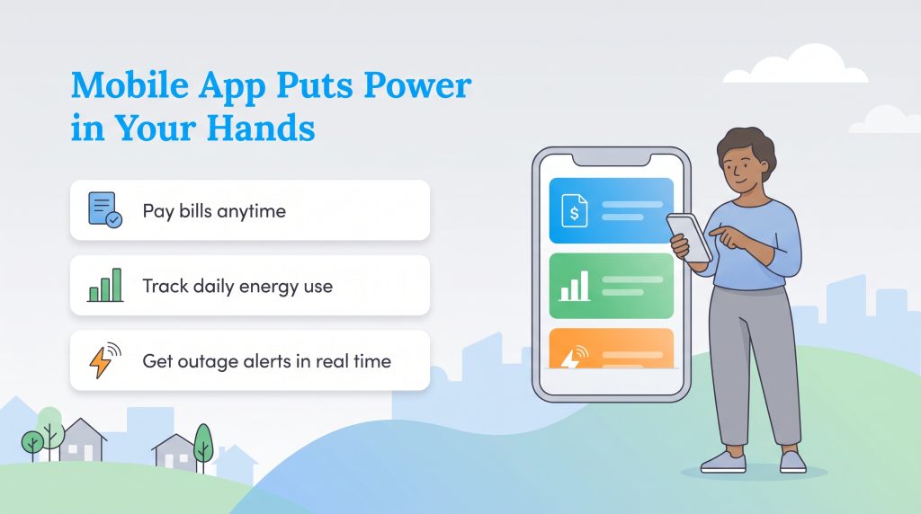 Illustration of a person using the Pacific Power mobile app to manage bills, usage, and outages.