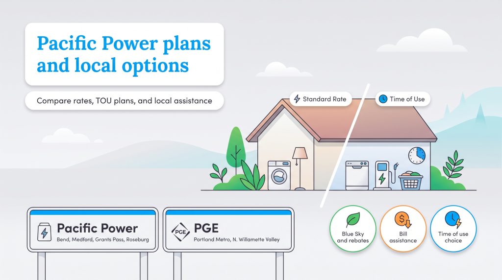 Graphic comparing Pacific Power and PGE utility options, rate plans, and assistance programs.