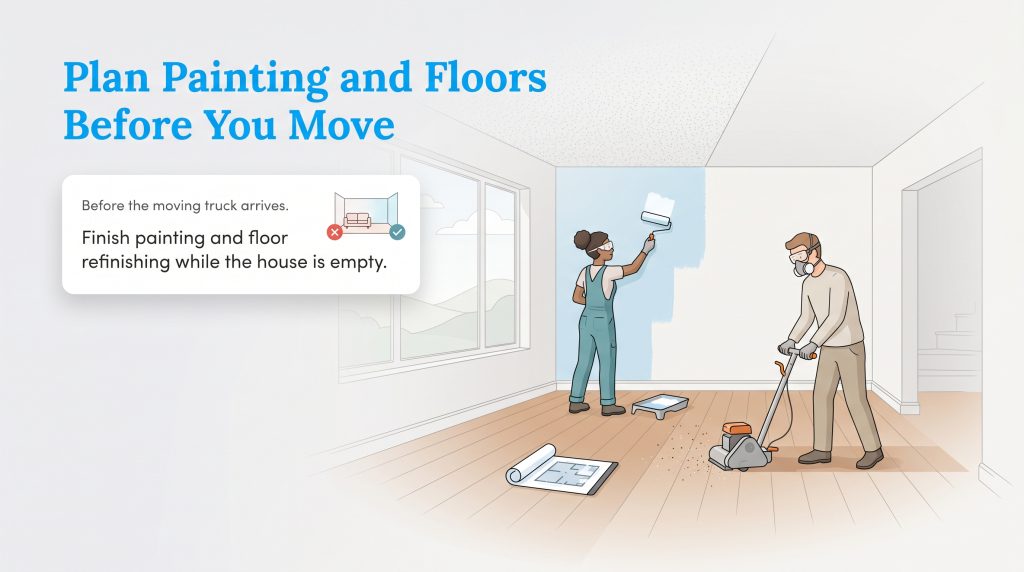 Illustration of people painting walls and sanding floors in an empty room before moving in.