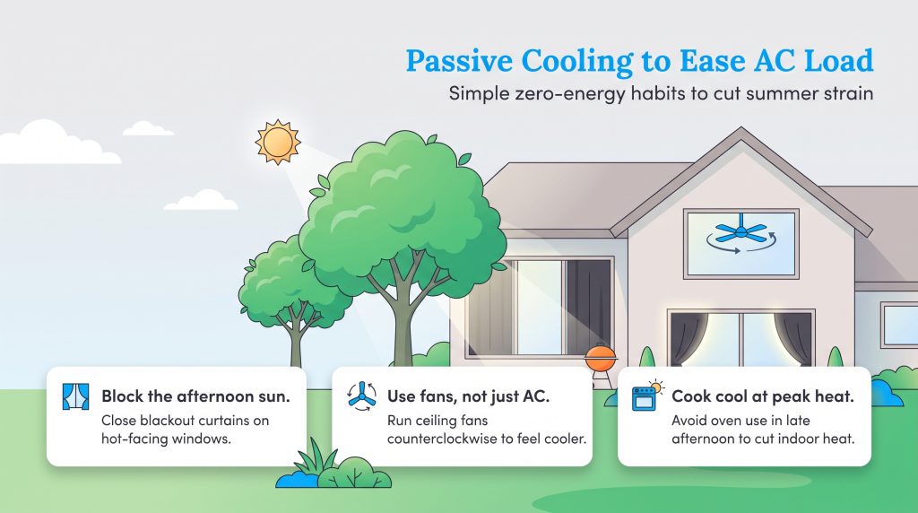 Illustration of a house showing passive cooling tips like shade trees, fans, and closed curtains.