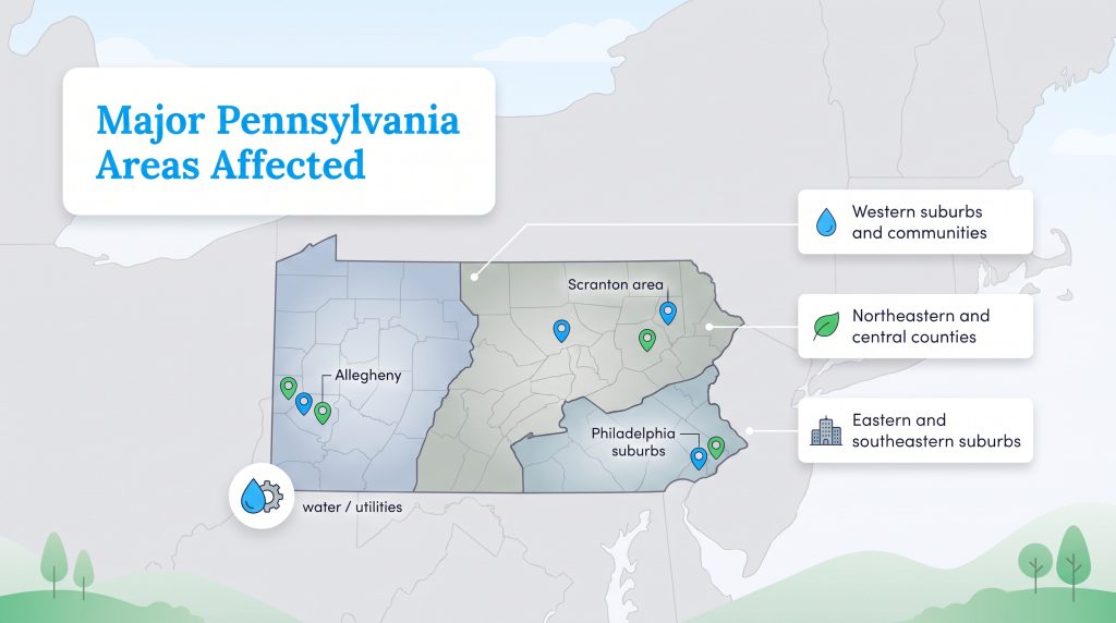Map highlighting Pennsylvania service areas affected by utility rate adjustments