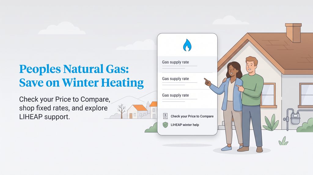 Illustration of a couple comparing gas supply rates in front of their home.
