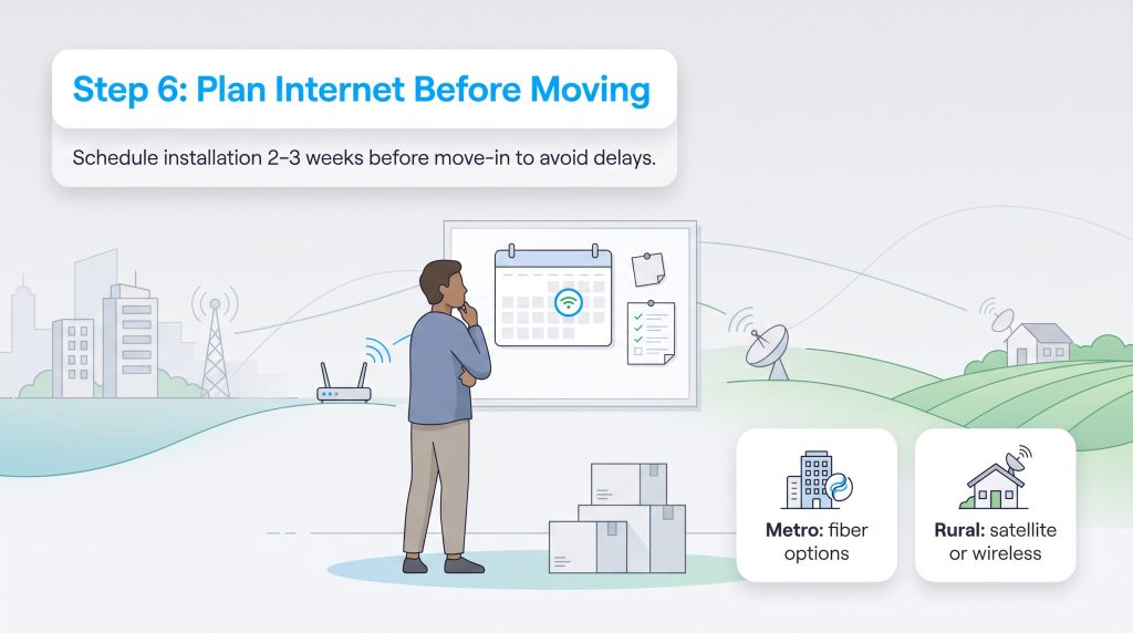 An illustration of a man planning his internet installation before moving.