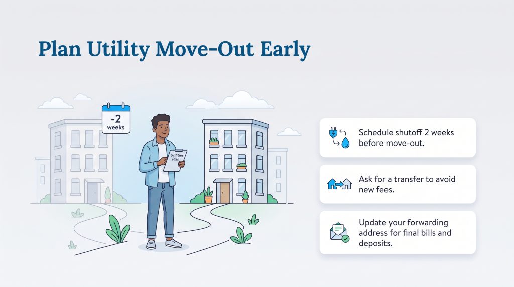 Illustration of a man planning a utility move-out with three key steps.