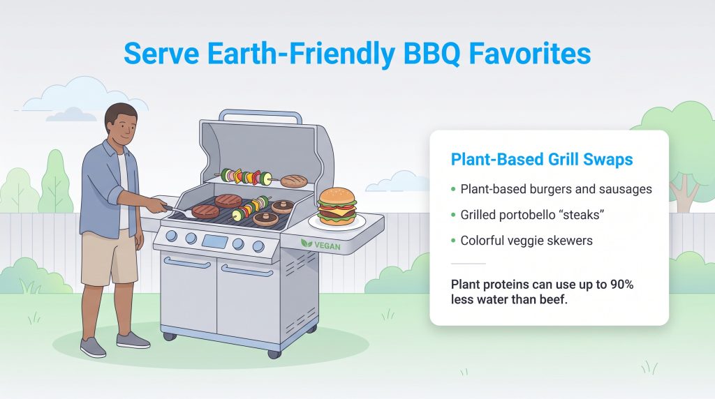An illustration of a man grilling plant-based burgers and veggie skewers
