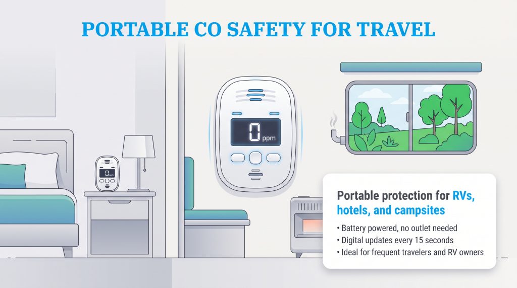Illustration of a portable carbon monoxide detector in a hotel room and an RV.