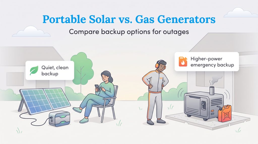 Comparison between clean, quiet portable solar panels and a noisy, high-power gas generator.