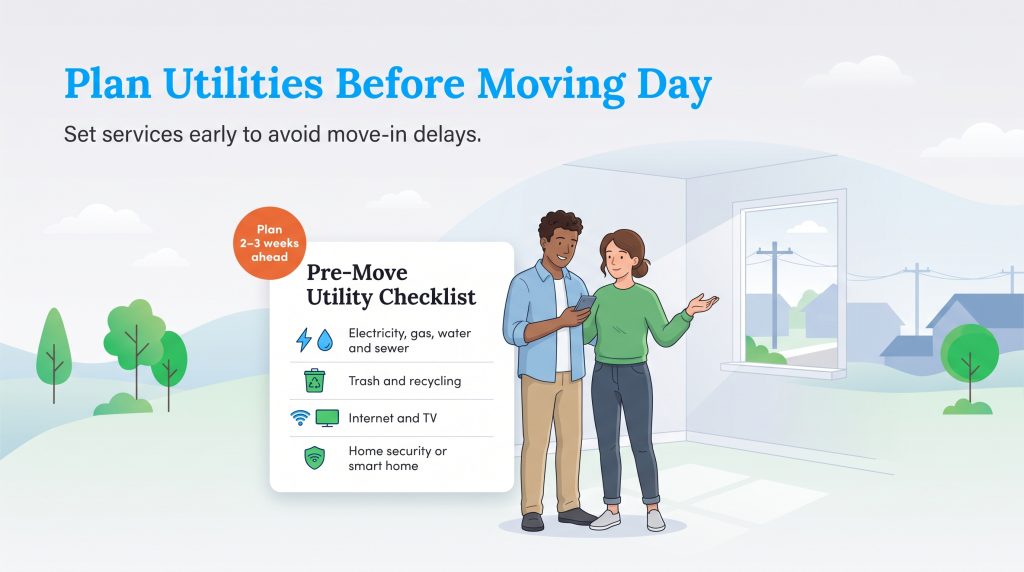 Illustration of a couple planning utilities before moving day with a checklist.