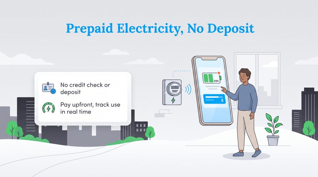 Illustration of a man tracking prepaid electricity usage on a phone with a smart meter nearby.