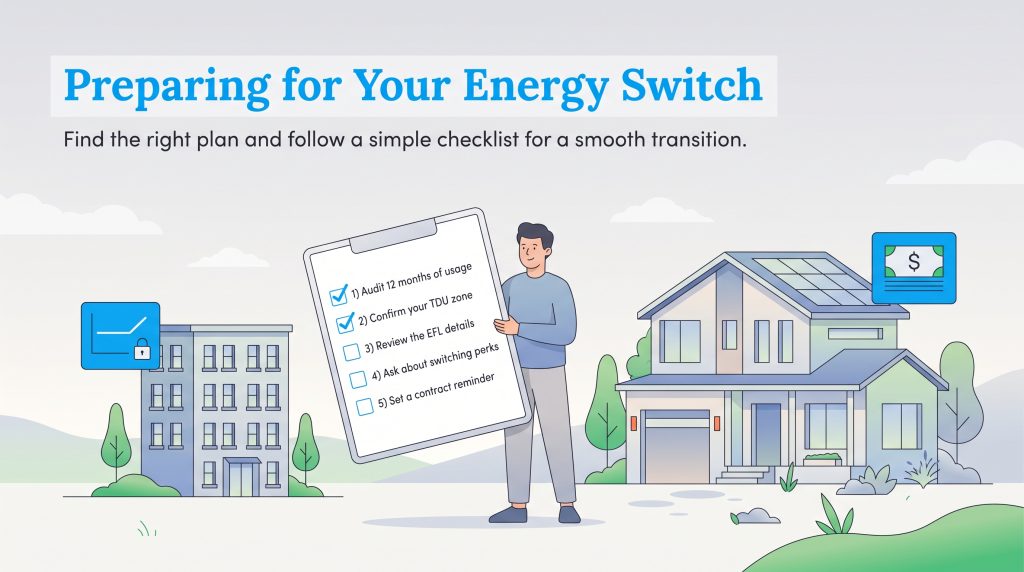 Man holding an energy switching checklist with an apartment and a house in the background