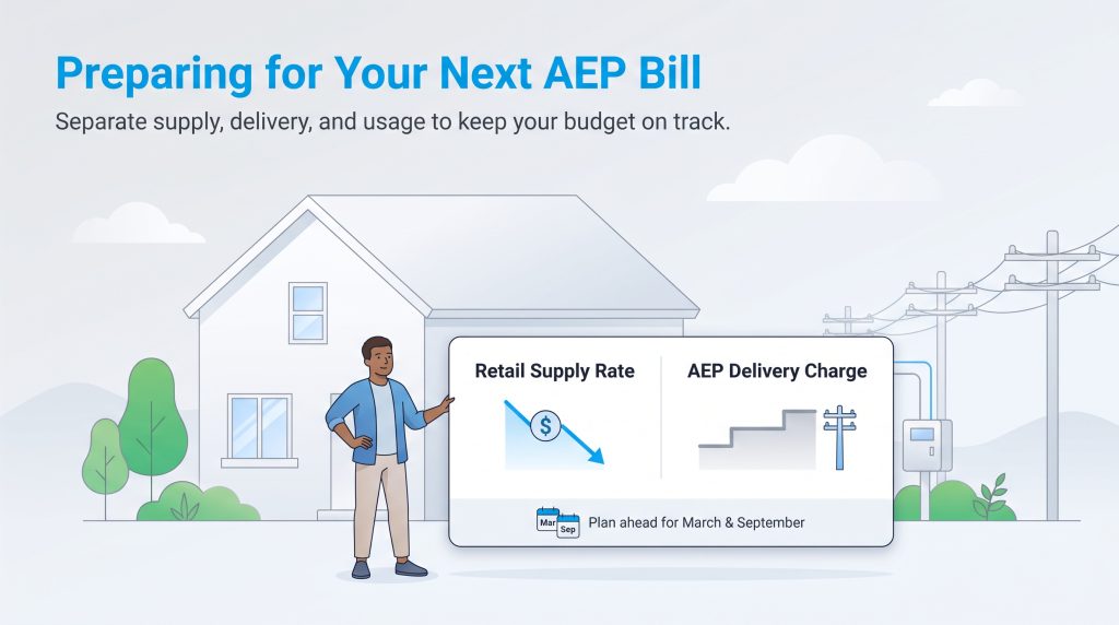 Illustration of a man pointing to retail supply rate and delivery charge comparison card