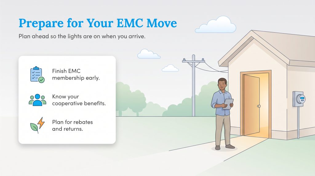 Illustration of a man standing outside his new home with steps to prepare for EMC service
