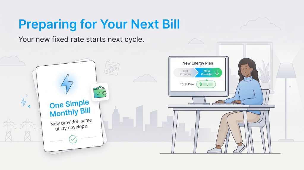 Illustration of a woman viewing a lower energy bill rate on her computer screen.