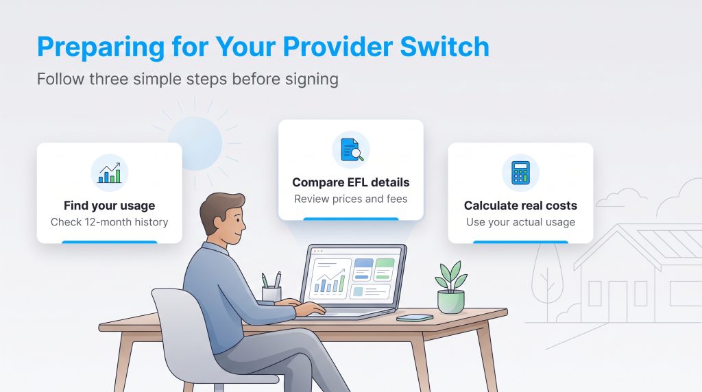 Steps to switch energy providers: find usage, compare EFL details, and calculate real costs.