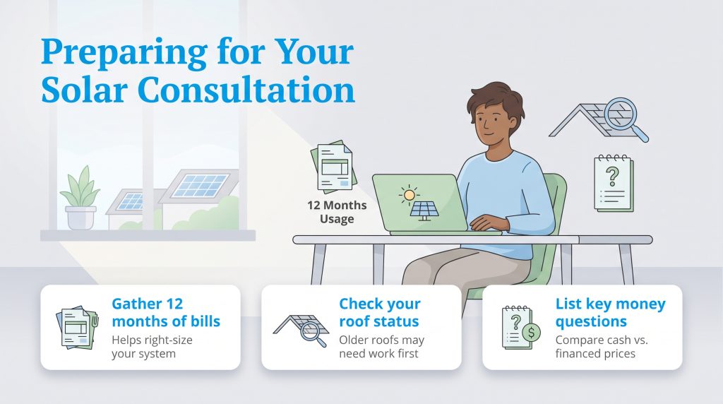 Illustration outlining steps to prepare for a home solar consultation