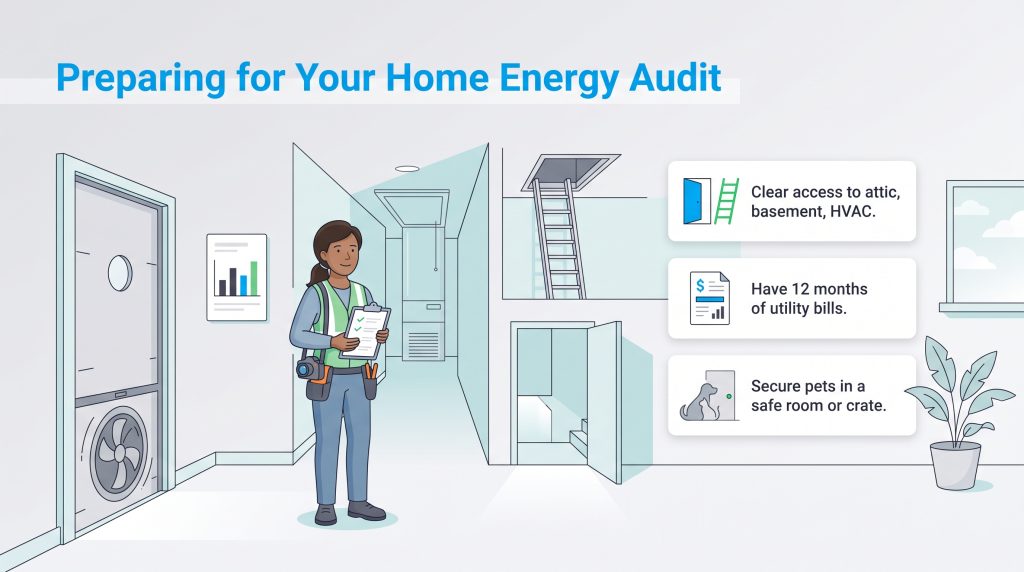 Illustration outlining three steps to prepare your house for a home energy audit.