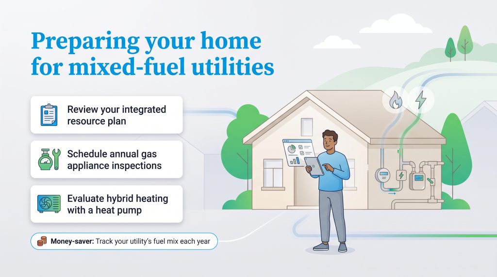 Checklist and illustration showing how to prepare a home for mixed-fuel utility systems.