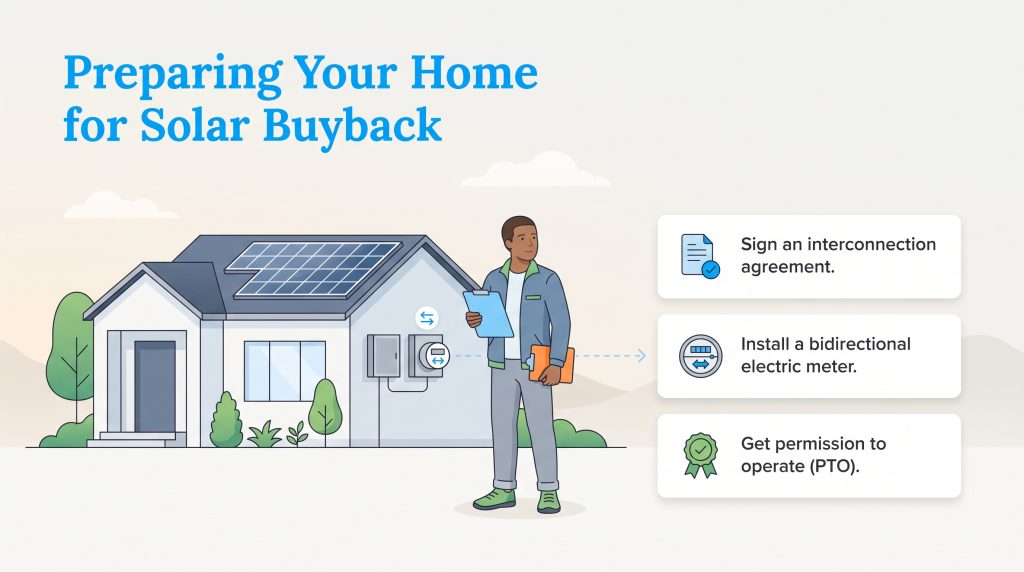 Illustration of solar home setup steps and checklist for utility buyback programs