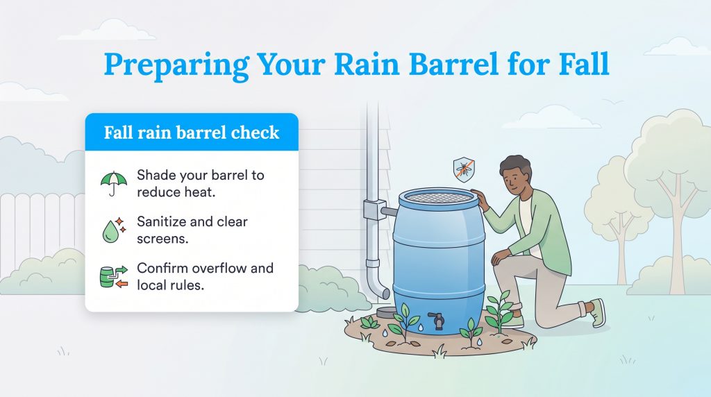 Illustration of a man inspecting a backyard rain barrel next to fall preparation tips