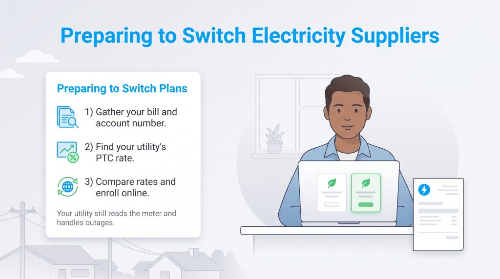 A man on a laptop comparing utility plans next to a 3-step guide on switching suppliers