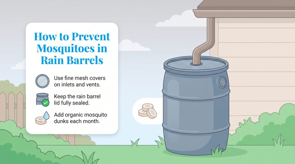 Illustration of a rain barrel showing tips to prevent mosquitoes, like mesh covers and dunks