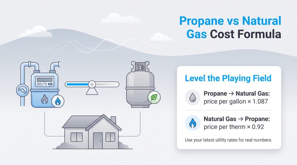 Graphic showing cost conversion formulas between propane per gallon and natural gas per therm