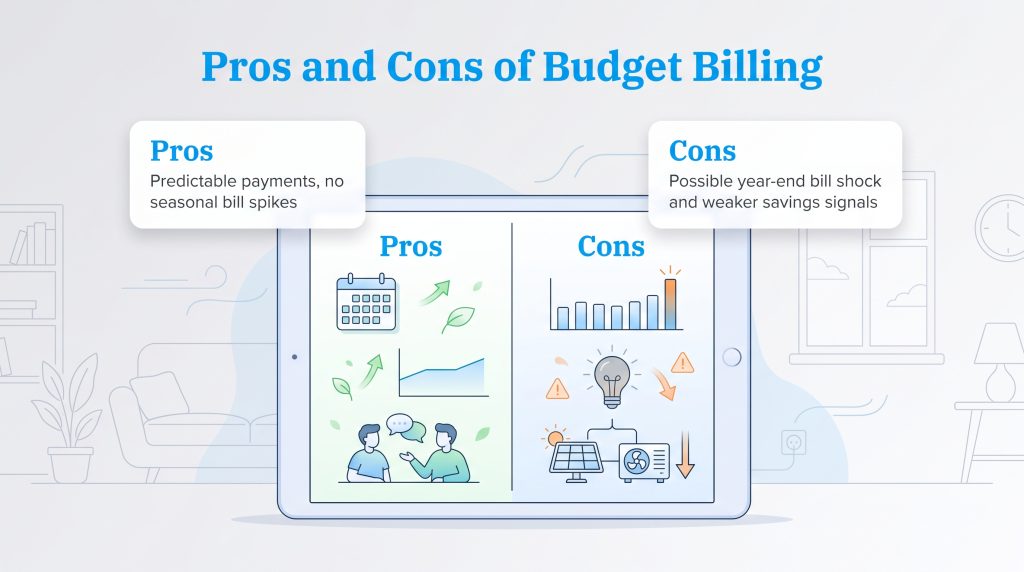 An infographic displaying the pros and cons of budget billing on a digital tablet.