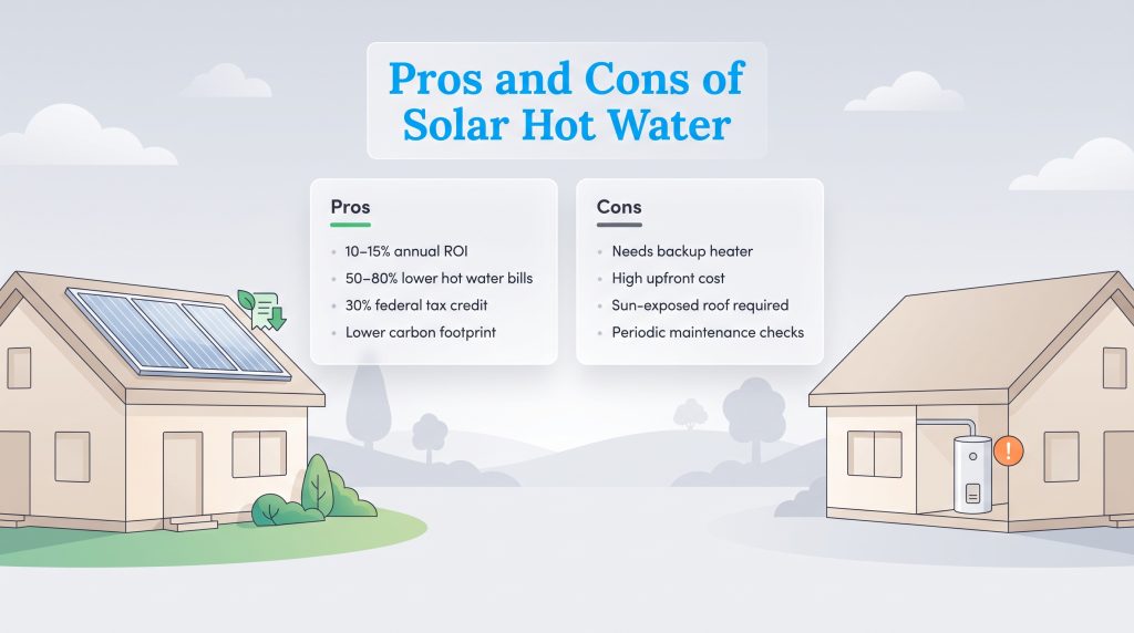 Infographic listing pros and cons of solar hot water systems with house illustrations.