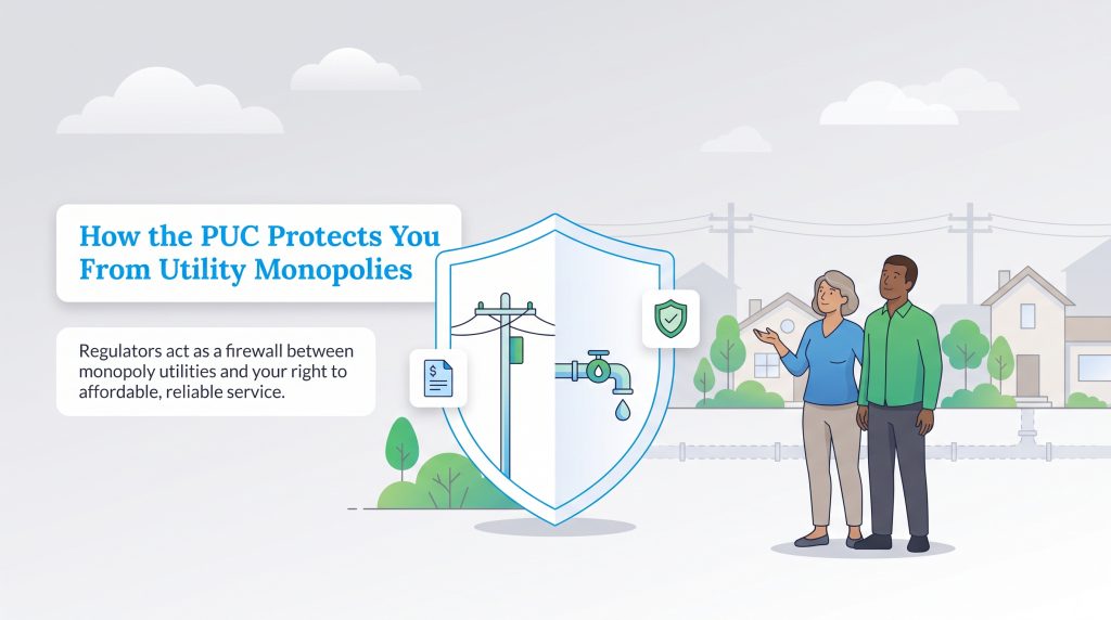 Graphic of a couple standing by a shield representing public utility regulatory protection