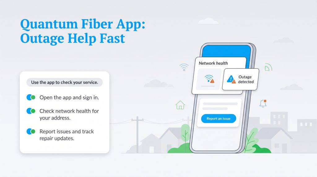 Infographic explaining how to use the Quantum Fiber app to check service and report outages.
