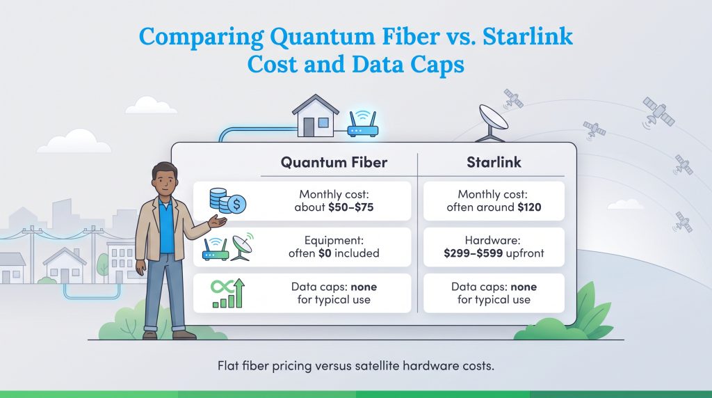 Comparison chart of Quantum Fiber and Starlink monthly costs, equipment, and data caps.