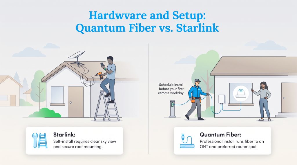 Comparison illustration of Starlink DIY setup versus Quantum Fiber professional installation