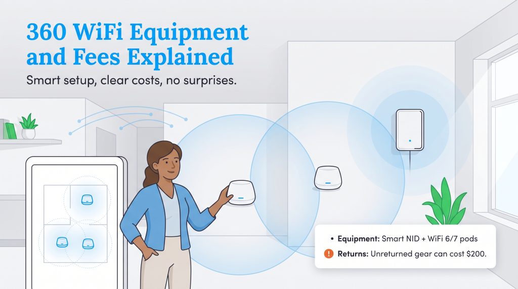 Illustration of Quantum Fiber Smart NID and mesh WiFi pods providing overlapping home coverage.